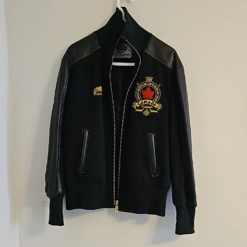 Roots Black Bomber Jacket with Leather Details - Picture 1 of 3